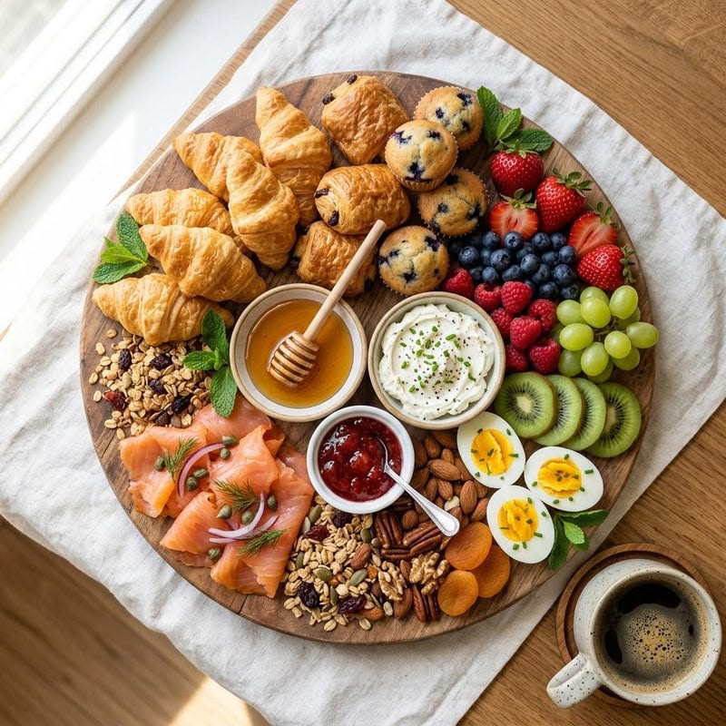 Brunch board with pastries, fruit, salmon and coffee