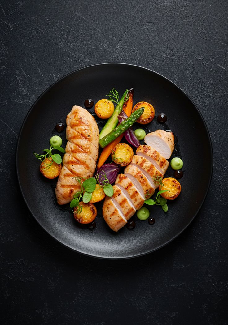 Grilled chicken with vegetables on a black plate