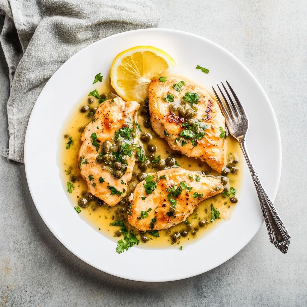 Chicken piccata with lemon and capers on a white plate