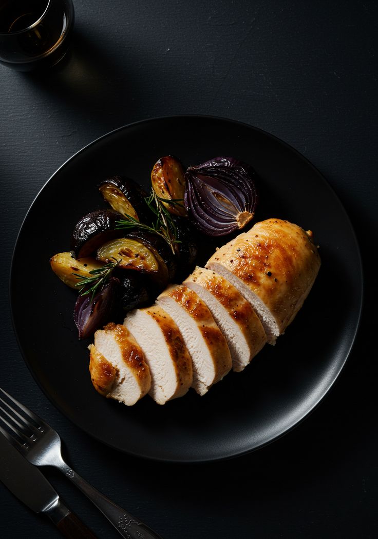 Roasted chicken with charred onions on a black plate
