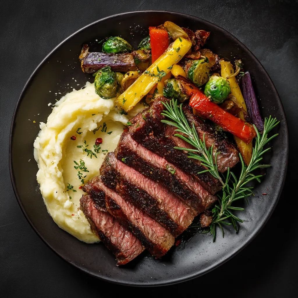Sliced steak with whipped potato and roasted vegetables on a dark plate