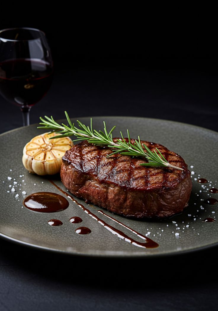 Grilled steak with rosemary, served with a glass of red wine